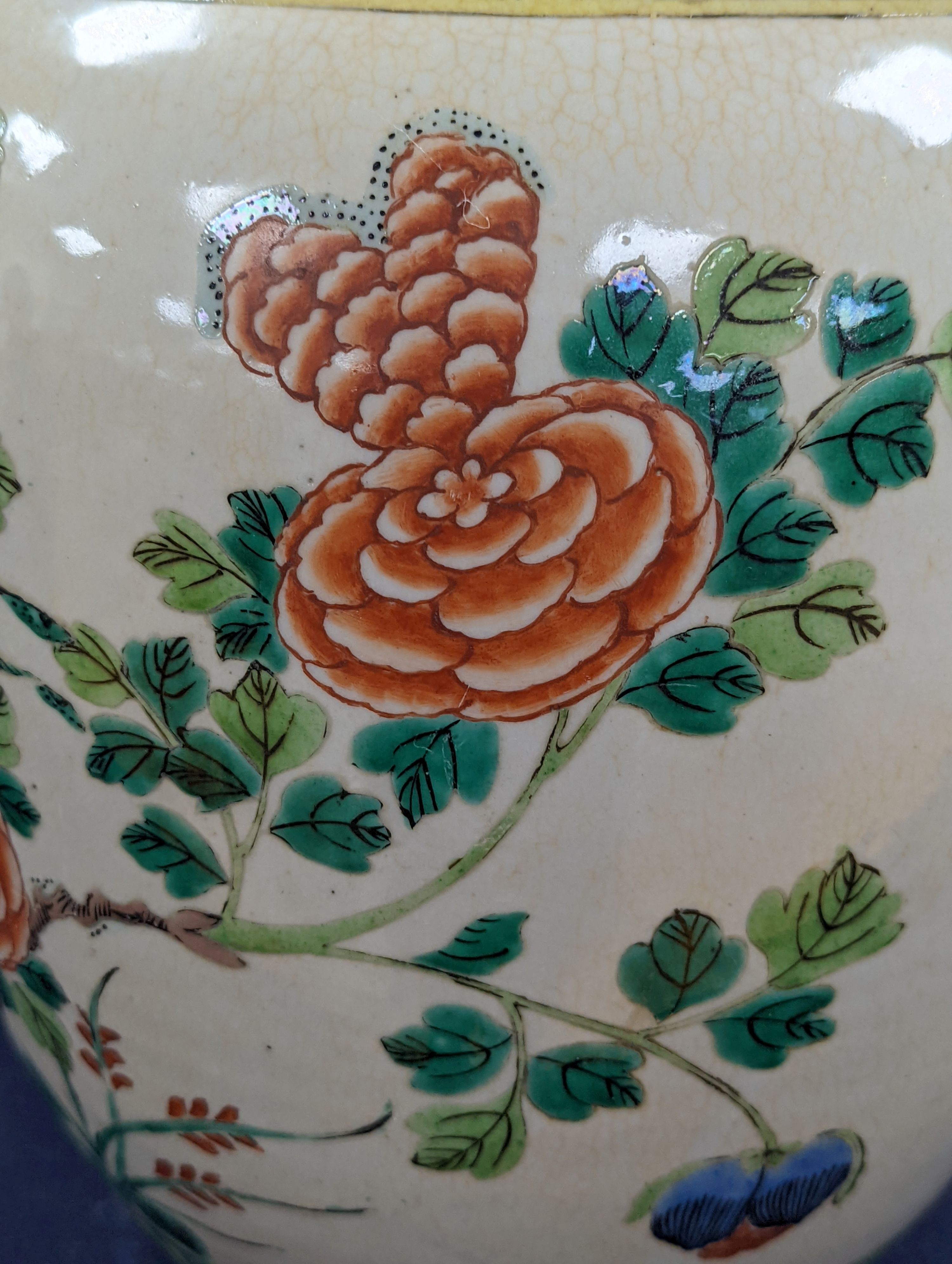 An early 20th century Chinese famille verte crackle glaze jar, 30cm